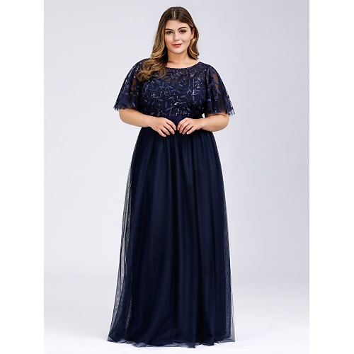 

A-Line Empire Plus Size Prom Formal Evening Dress Jewel Neck Short Sleeve Floor Length Tulle with Sequin Appliques 2022