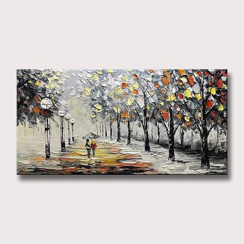 

Oil Painting 100% Handmade Hand Painted Wall Art On Canvas Two People With Umbrellas Strolling Along The Forest Path Home Decoration Decor Rolled Canvas No Frame Unstretched