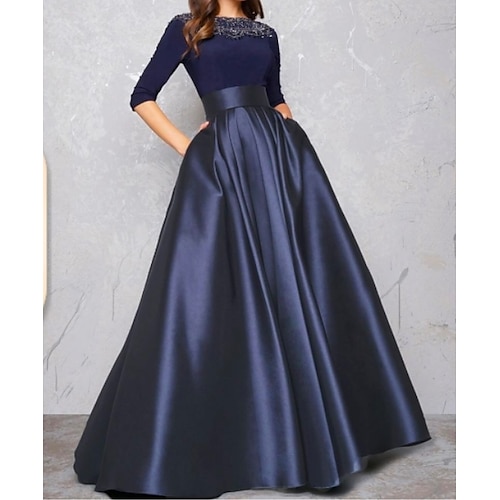 

Ball Gown Minimalist Quinceanera Formal Evening Dress Illusion Neck Half Sleeve Floor Length Satin with Pleats Lace Insert 2022