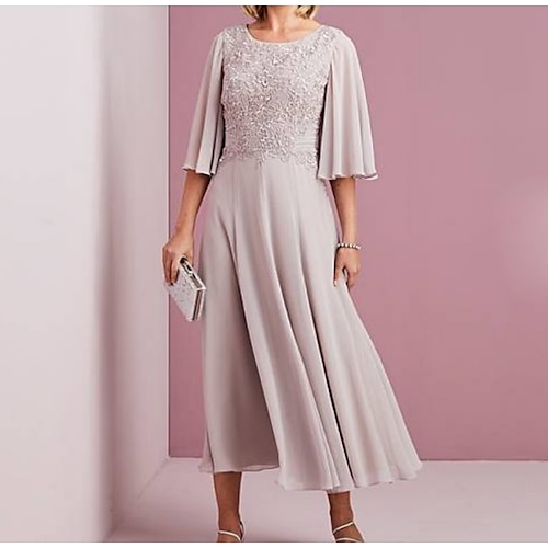 

A-Line Mother of the Bride Dress Elegant & Luxurious Jewel Neck Ankle Length Chiffon Half Sleeve with Crystals Ruching 2022