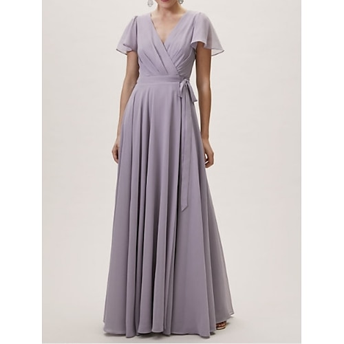 

A-Line Bridesmaid Dress V Neck Short Sleeve Elegant Floor Length Chiffon / Lace with Sash / Ribbon / Pleats 2022