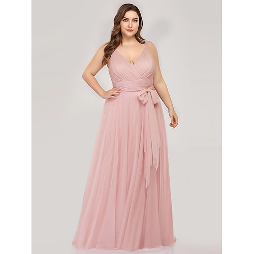 

A-Line Bridesmaid Dress V Neck Sleeveless Plus Size Floor Length Tulle with Bow(s) / Ruching / Bandage 2022 / Open Back