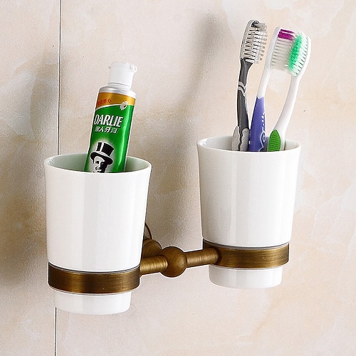 

Toothbrush Holder Creative Antique Brass and Ceramic Material Bathroom Wall Mounted with 2 Cups 1pc