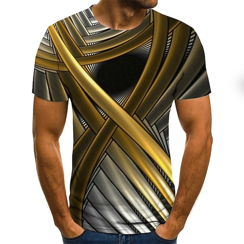 

Men's T shirt Graphic Abstract Plus Size Round Neck Weekend Pleated Print Short Sleeve Tops Streetwear Gold / Summer