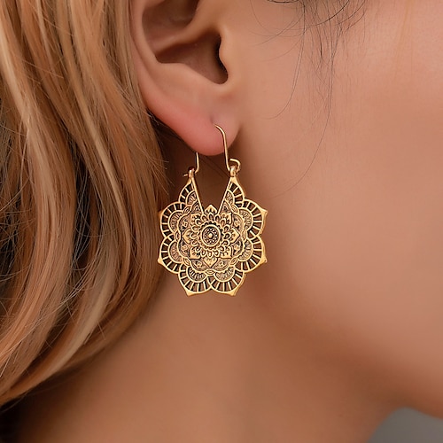 Vintage Mandala Flower Drop Dangle Earring for Women Girl Tribal Hollow Floral Pendant Earrings Gold
