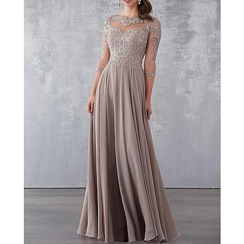 

A-Line Mother of the Bride Dress Elegant See Through Jewel Neck Floor Length Chiffon Lace 3/4 Length Sleeve with Draping Appliques 2022