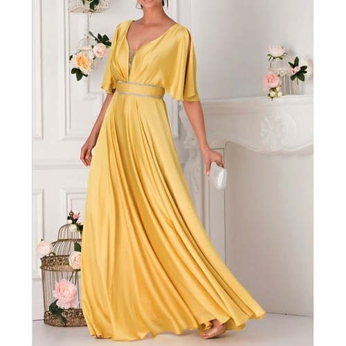 

A-Line Elegant Formal Evening Birthday Dress Plunging Neck Half Sleeve Floor Length Satin with Crystals 2022