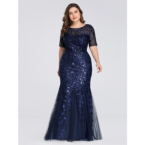 

Mermaid / Trumpet Plus Size Wedding Guest Formal Evening Dress Jewel Neck Ladder Back Short Sleeve Floor Length Tulle with Sequin Appliques 2022 / Illusion Sleeve