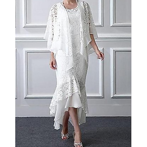 

Mermaid / Trumpet Mother of the Bride Dress Plus Size Elegant Scoop Neck Asymmetrical Lace Sleeveless Wrap Included with Pleats 2022