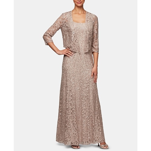 

Two Piece Mother of the Bride Dress Plus Size Sparkle & Shine Scoop Neck Floor Length Lace 3/4 Length Sleeve with Crystals 2022