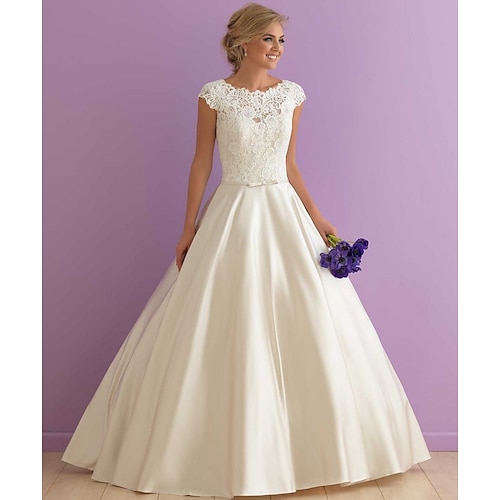 

A-Line Wedding Dresses Jewel Neck Floor Length Satin Cap Sleeve Country Casual Illusion Detail with Sashes / Ribbons Lace Insert 2022