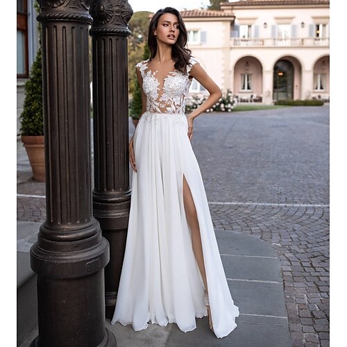 

A-Line Wedding Dresses V Neck Sweep / Brush Train Chiffon Lace Regular Straps Beach Sexy Illusion Detail Backless with Appliques Split Front 2022