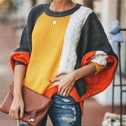 Women's Color Block Long Sleeve Pullover Sweater Jumper, Round Neck Yellow S / M / L