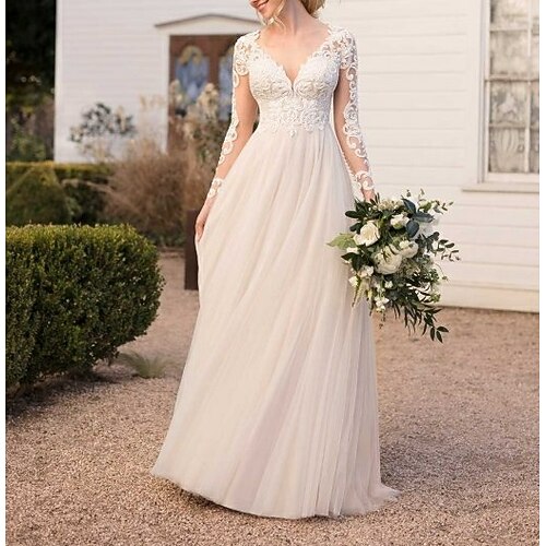 

A-Line Wedding Dresses V Neck Floor Length Lace Tulle Long Sleeve Beach Boho See-Through Backless Illusion Sleeve with Lace 2022
