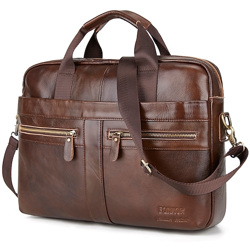 

Men's Handbags Shoulder Messenger Bag Laptop Bag Briefcase Cowhide Belt Zipper Solid Color Shopping Daily Formal Brown / Top Handle Bag