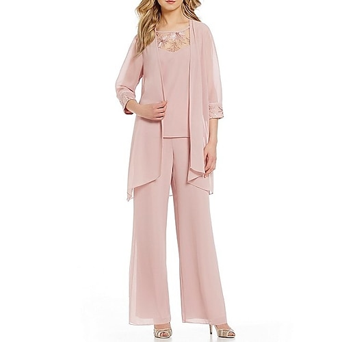 

Pantsuit Mother of the Bride Dress Jumpsuits Jewel Neck Floor Length Chiffon 3/4 Length Sleeve with Appliques Ruching 2022