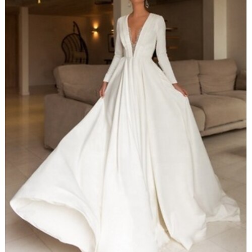 

A-Line Wedding Dresses V Neck Sweep / Brush Train Satin Long Sleeve Formal Plus Size Backless with Crystals 2022