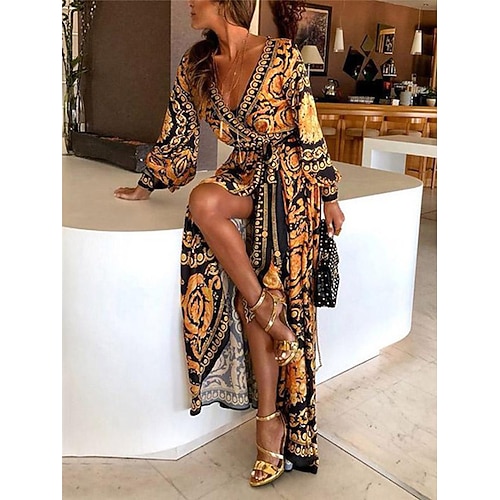

Mulheres Vestido Swing Vestido Envelope Amarelo Manga Longa Fenda Inverno Outono Decote V quente S M L XL XXL