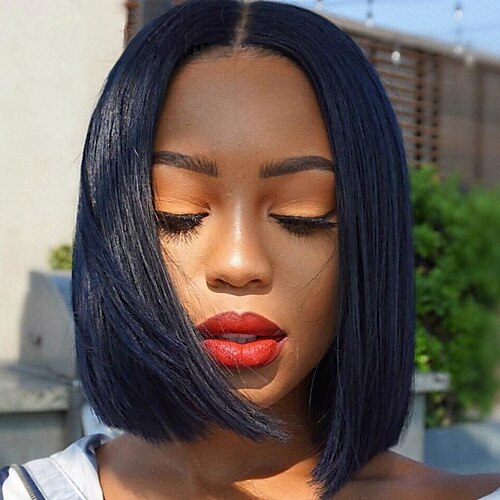 

Human Hair 4x13 Closure Wig Bob Short Bob Free Part style Brazilian Hair Natural Straight Natural Wig 130% Density with Baby Hair Natural Hairline African American Wig For Black Women With Bleached