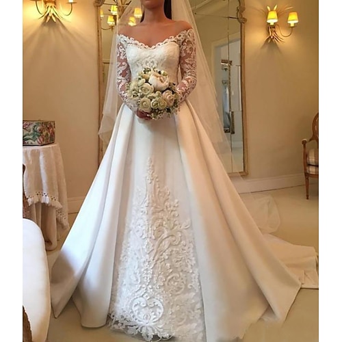 

A-Line Wedding Dresses Off Shoulder Sweep / Brush Train Satin Long Sleeve Illusion Sleeve with Lace Insert 2022