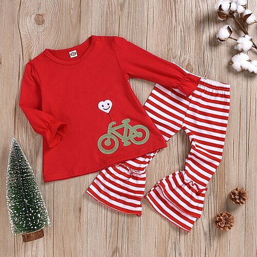 

Baby Girls' Street chic Striped / Christmas Long Sleeve Regular Cotton Clothing Set Red / Toddler