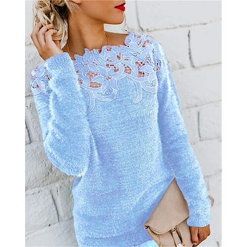

Women's Blouse Shirt Solid Colored Lace Patchwork Round Neck Tops Purple Wine Black