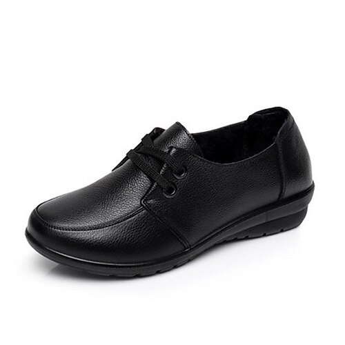 

Women's Flats Daily Chunky Heel Round Toe Casual Walking Shoes Nappa Leather Lace-up Solid Colored Black