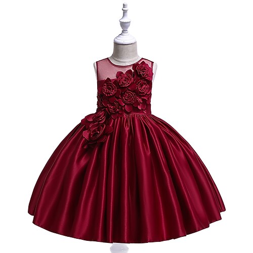 

Kids Girls' Dress Solid Colored Knee-length Dress Embroidered Sleeveless Cute Dress Green Pink Wine