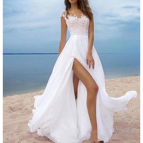 

A-Line Wedding Dresses Off Shoulder Sweep / Brush Train Chiffon Cap Sleeve with Lace Insert Split Front 2022