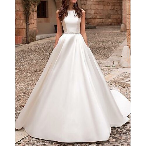 

A-Line Wedding Dresses Jewel Neck Court Train Satin Regular Straps Formal Simple Illusion Detail Elegant with Sashes / Ribbons Buttons 2022