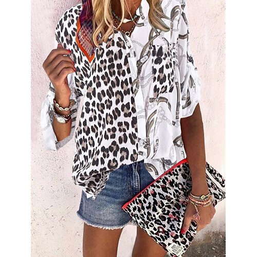 

Women's Blouse Shirt Army Green Gray White Leopard Color Block Long Sleeve Causal Daily V Neck S