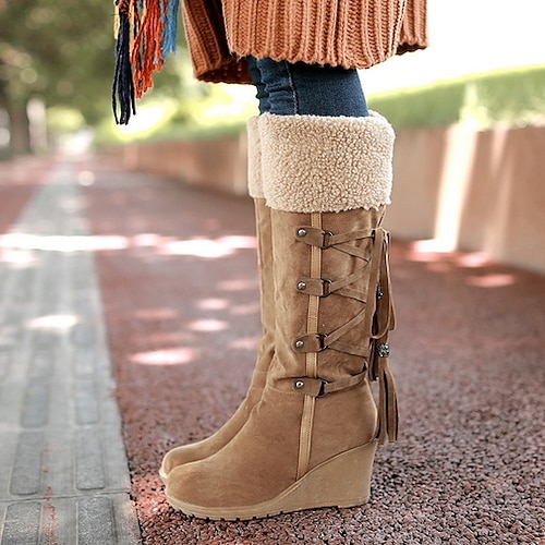 Fashion Women Winter Warm Snow Lace-up Mid Calf Boots Wedge High Heels Shoes 
