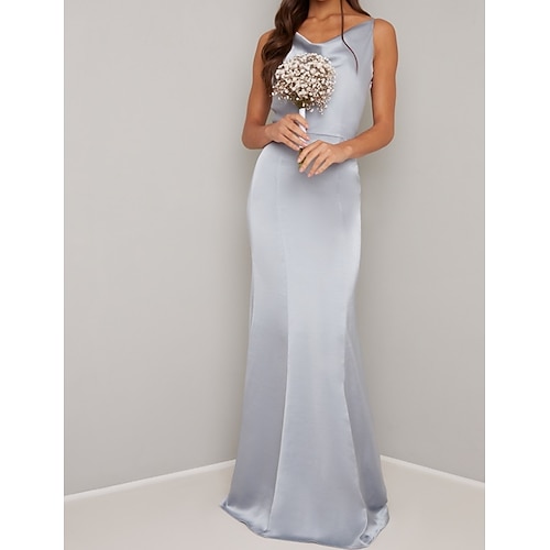 

Sheath / Column Bridesmaid Dress V Neck Sleeveless Elegant Floor Length Satin with Ruching 2022
