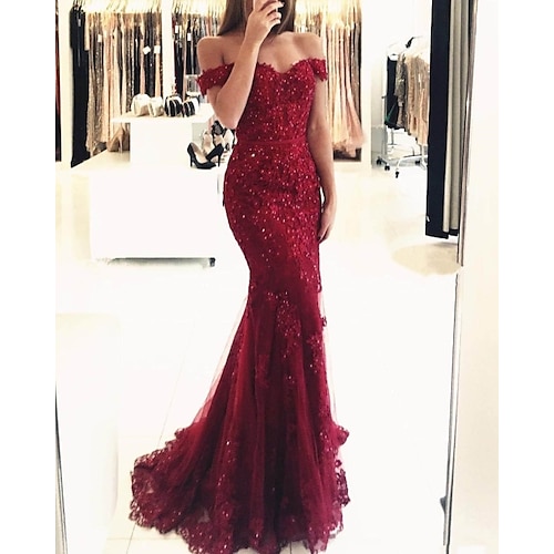 

Mermaid / Trumpet Sparkle Prom Formal Evening Dress Off Shoulder Short Sleeve Sweep / Brush Train Lace with Sequin Appliques 2022