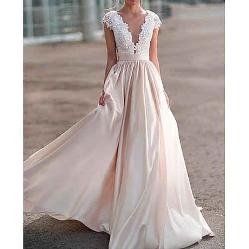 

A-Line Wedding Dresses V Neck Sweep / Brush Train Satin Cap Sleeve Romantic Illusion Detail with Buttons Lace Insert 2022