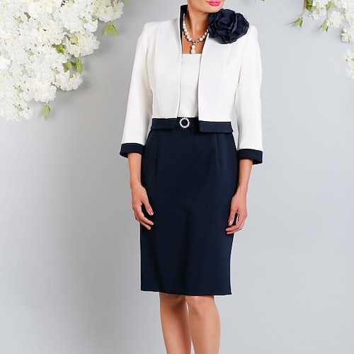 

Two Piece Sheath / Column Mother of the Bride Dress Plus Size Elegant Jewel Neck Knee Length Stretch Satin Short Sleeve Wrap Included Short Jacket Dresses with Flower Color Block 2022