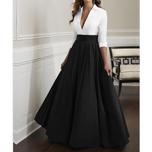 

A-Line Mother of the Bride Dress Elegant & Luxurious Plunging Neck Floor Length Satin Half Sleeve with Ruching 2022