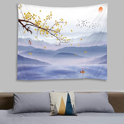 

Chinese Ink Painting Style Wall Tapestry Art Decor Blanket Curtain Hanging Home Bedroom Living Room Decoration Landscape Mountain Flower Floral Boat Bird