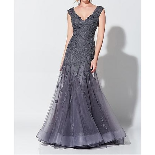 

Mermaid / Trumpet Elegant Wedding Guest Formal Evening Dress V Neck Sleeveless Floor Length Tulle with Appliques 2022