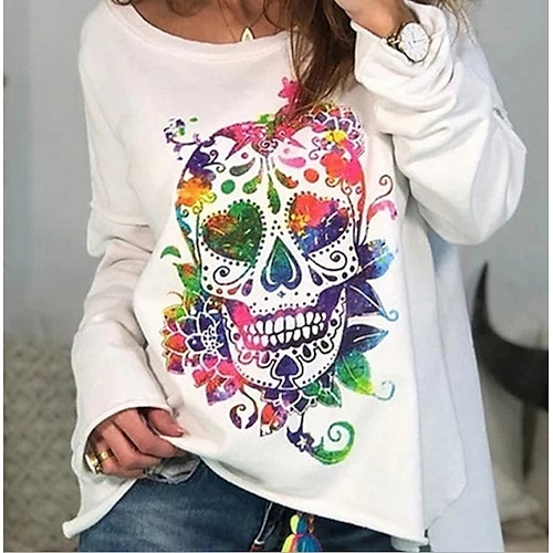 

Women's T shirt Tee Blue Yellow Red Rainbow Skull Print Long Sleeve Halloween Casual Basic Halloween Round Neck S / 3D Print