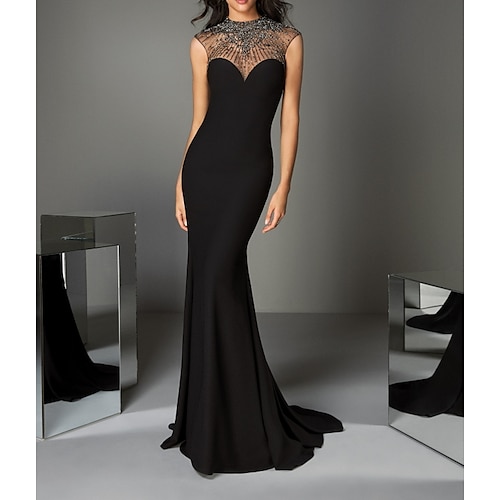 

Mermaid / Trumpet Luxurious Engagement Formal Evening Dress Illusion Neck Sleeveless Sweep / Brush Train Charmeuse with Crystals Beading 2022