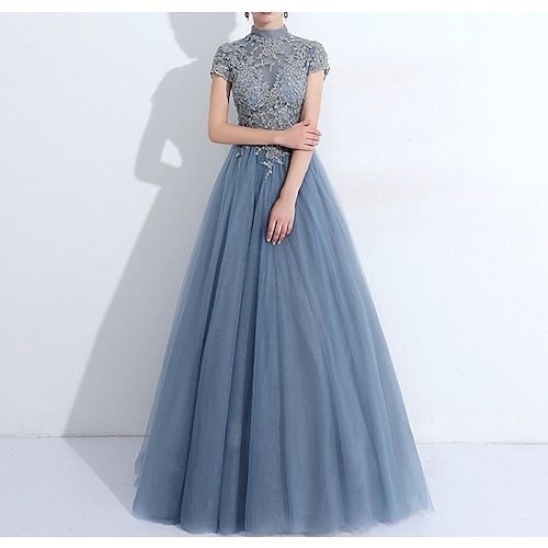 

A-Line Elegant Vintage Quinceanera Prom Dress High Neck Short Sleeve Floor Length Tulle with Pleats Appliques 2022