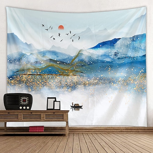 

Chinese Ink Painting Style Wall Tapestry Art Decor Blanket Curtain Hanging Home Bedroom Living Room Decoration Landscape Mountain Bird Sun