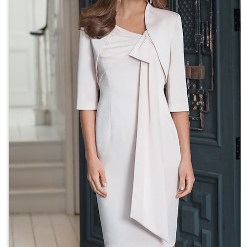 

Two Piece Sheath / Column Mother of the Bride Dress Wrap Included V Neck Knee Length Satin 3/4 Length Sleeve with Bow(s) Draping 2022