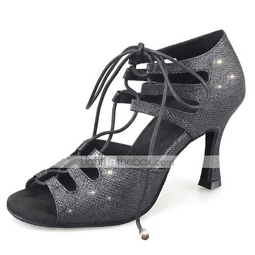 

Women's Latin Shoes Salsa Shoes Training Party Practice Sparkling Shoes Heel Satin Flower Buckle Flared Heel Lace-up Black