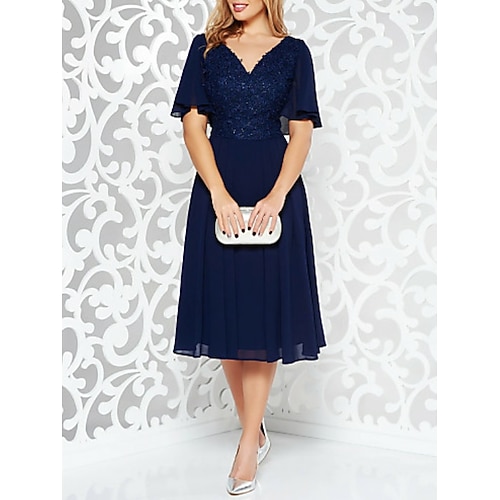 

A-Line Elegant Holiday Cocktail Party Dress V Neck Short Sleeve Tea Length Chiffon with Pleats Appliques 2022