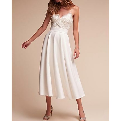 

A-Line Wedding Dresses V Neck Tea Length Satin Spaghetti Strap Formal Illusion Detail with Lace Insert 2022