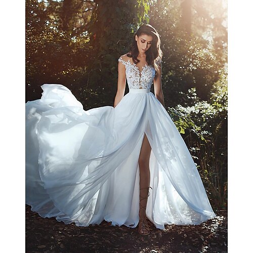 

A-Line Wedding Dresses Jewel Neck Court Train Chiffon Lace Cap Sleeve Beach Sexy Backless with Pleats Split Front 2022