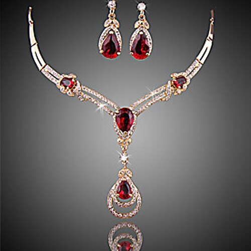 

Hoop Earrings 1 set Red Cubic Zirconia Gold Plated Alloy 1 Necklace Earrings Women's Baroque Heart Hollow Out Heart Jewelry Set For Party Wedding / Choker Necklace