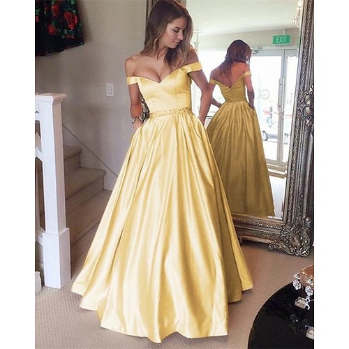 

Ball Gown Elegant Prom Formal Evening Dress Off Shoulder Backless Short Sleeve Floor Length Satin with Pleats Beading 2022